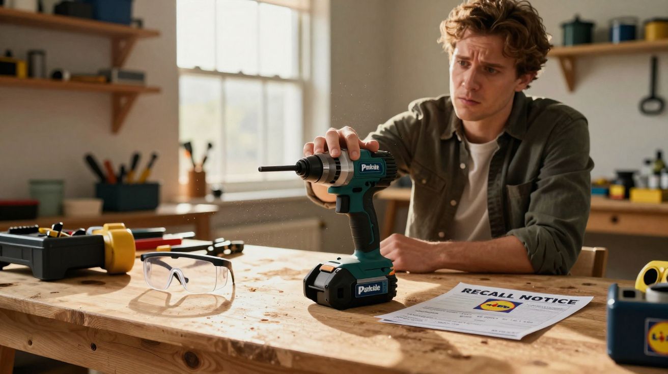 Homem testa furadeira elétrica em bancada com papel de aviso de recall e óculos de proteção.