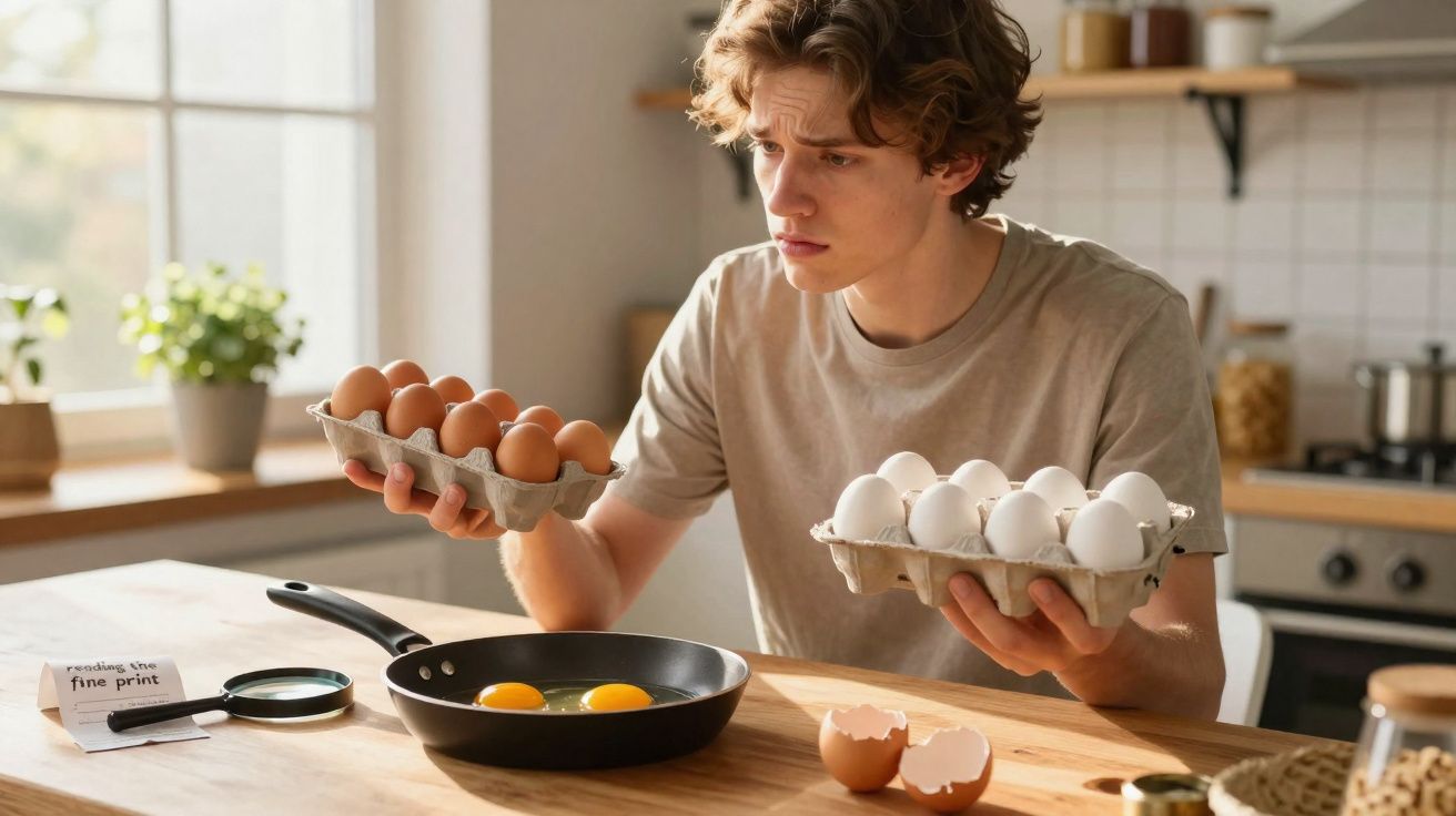 Jovem segurando caixas de ovos brancos e marrons, olhando para os ovos na frigideira na cozinha.