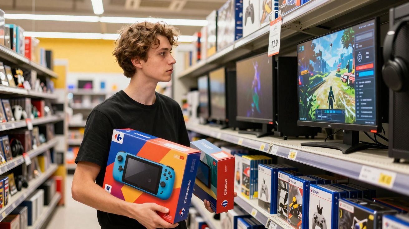 Jovem em loja de eletrônicos segurando dois caixas de videogame enquanto observa tela com jogo aberto.