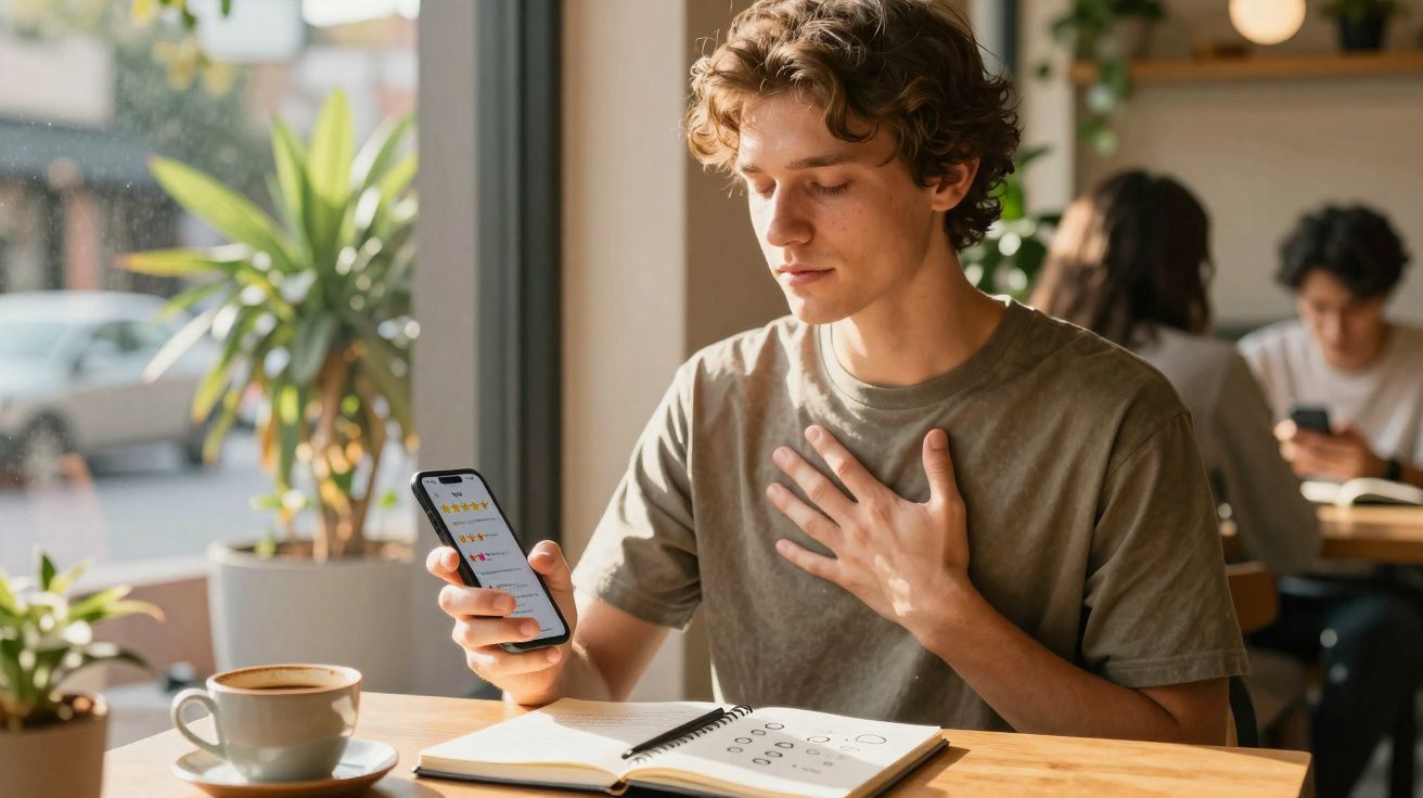 Jovem sentado em café com um notebook aberto, segurando celular e mão no peito, lendo mensagem.