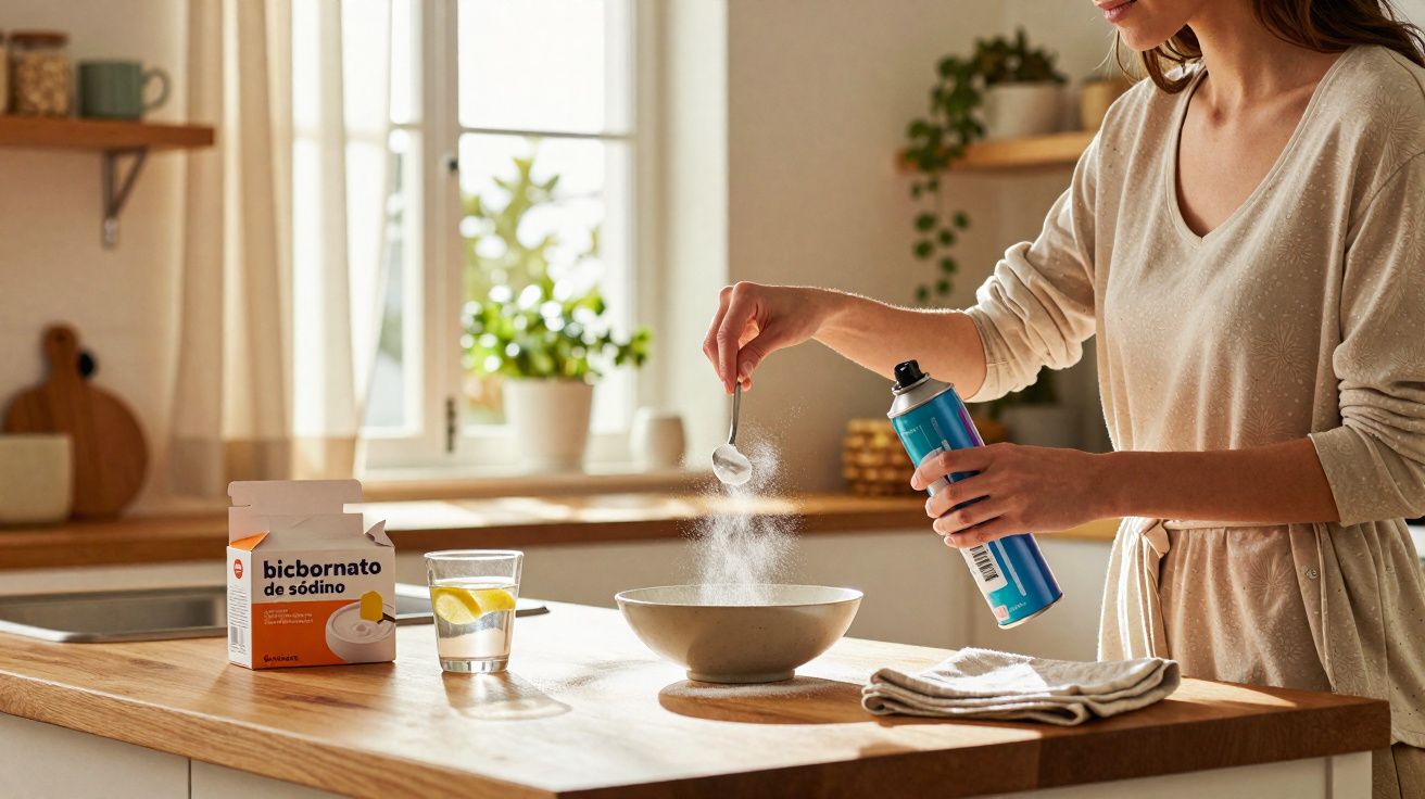 Pessoa adicionando bicarbonato de sódio em pó a uma tigela na cozinha iluminada pelo sol.