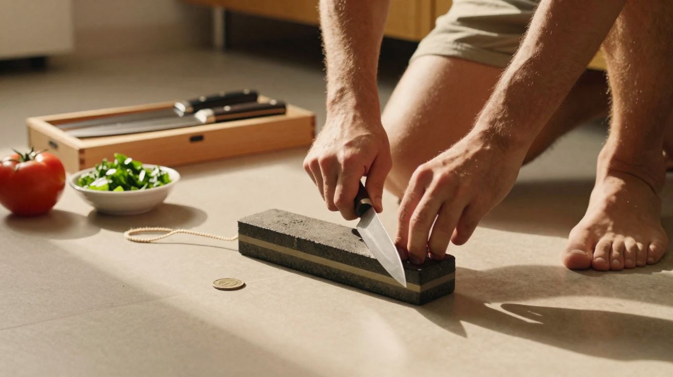 Pessoa afiando faca em pedra de amolar no chão de cozinha com tomate e bowl de temperos ao lado.