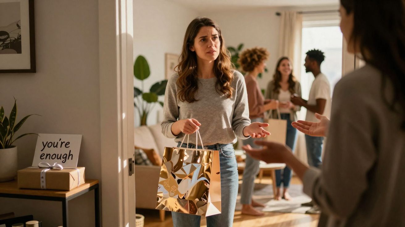 Mulher com expressão preocupada segurando sacola de presente em uma festa dentro de casa.