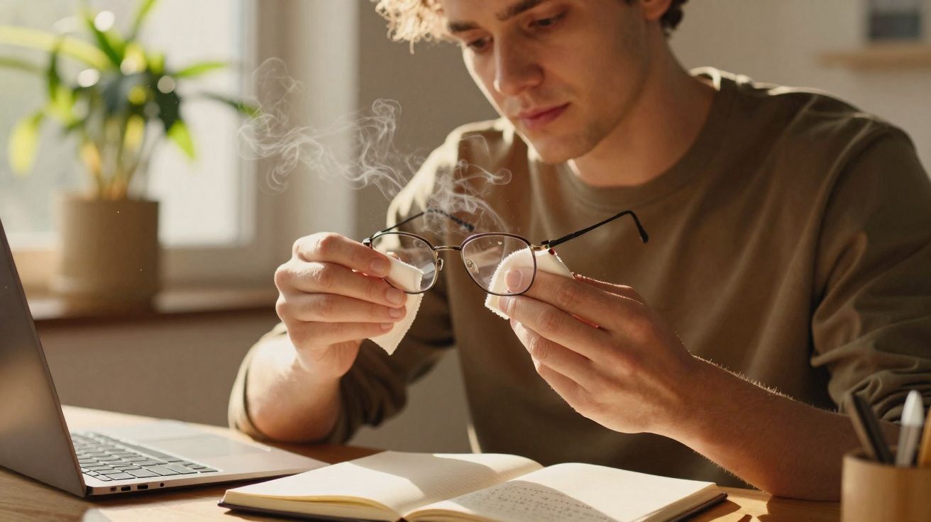 Jovem limpando óculos com pano enquanto está em mesa com notebook e caderno aberto.