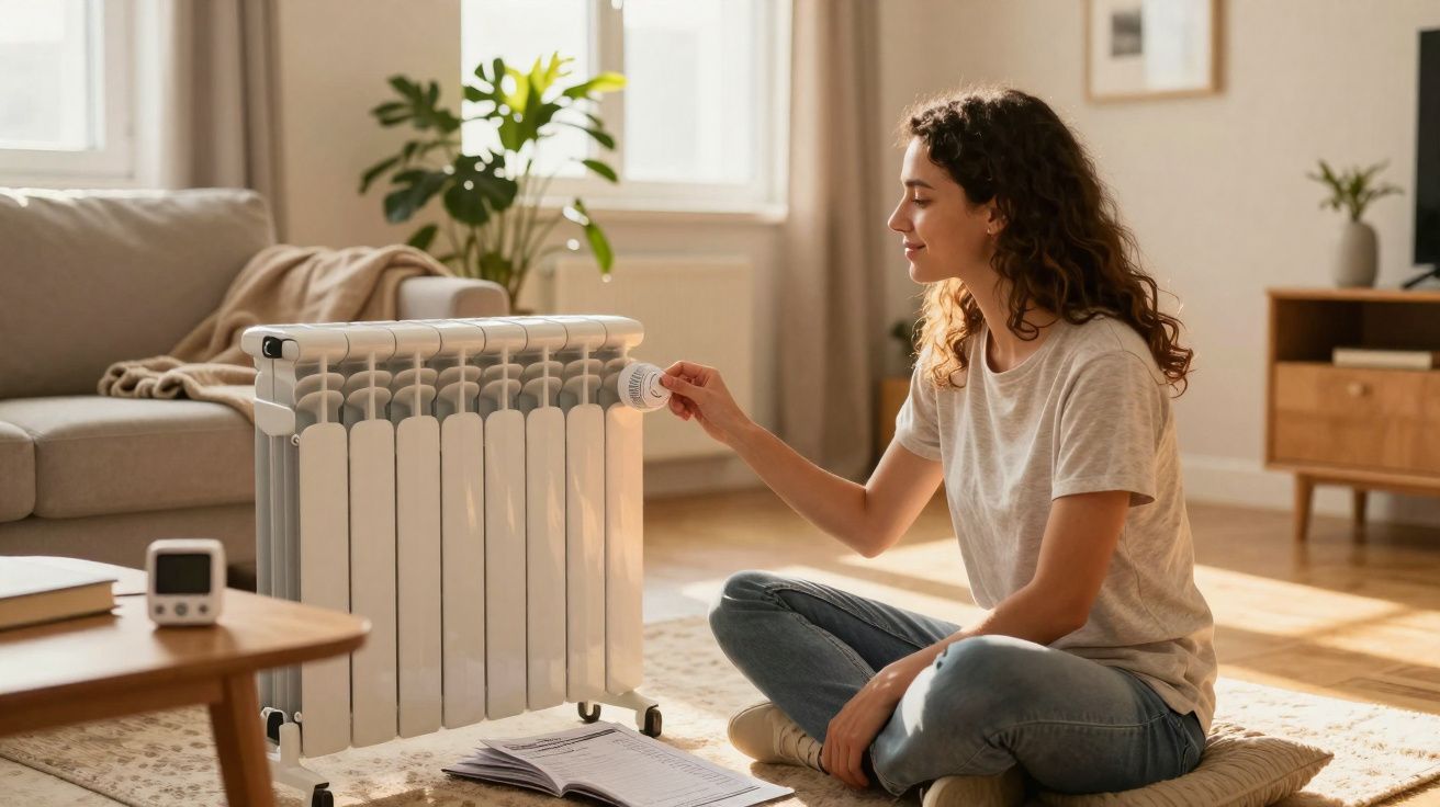 Mulher ajustando aquecedor portátil enquanto está sentada no chão de uma sala iluminada e aconchegante.