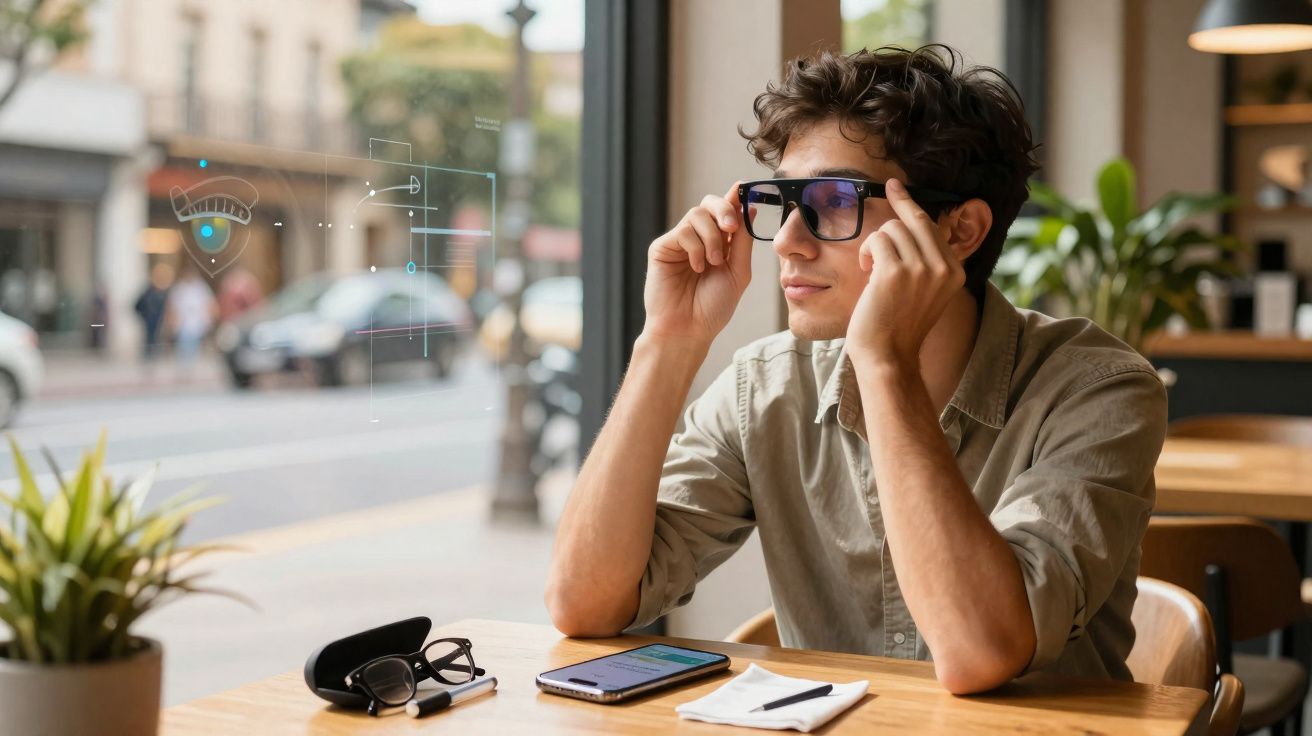 Homem jovem ajustando óculos de realidade aumentada em mesa de cafeteria com celular e óculos tradicionais.