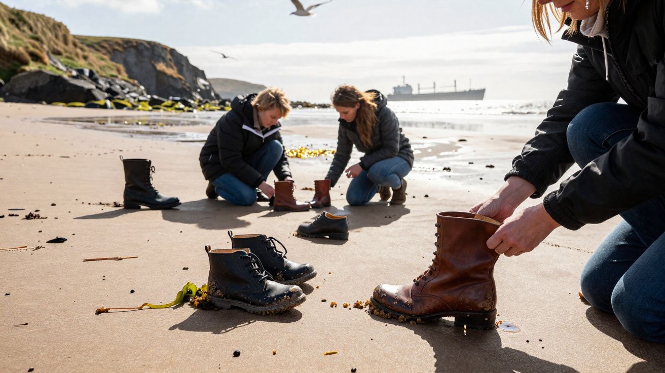 Três pessoas limpam botas sujas de lama e areia em uma praia com navio e gaivotas ao fundo.