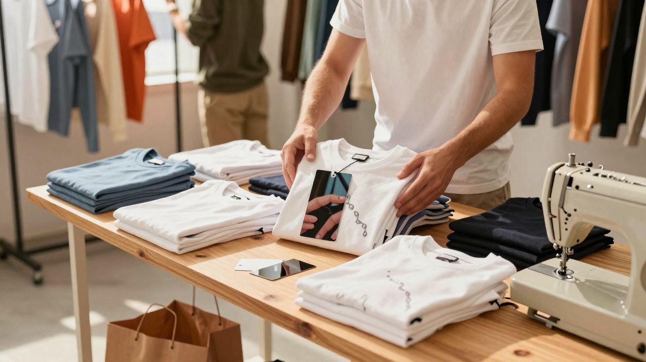 Pessoa organizando camisetas dobradas em mesa de madeira em loja de roupas com máquina de costura.