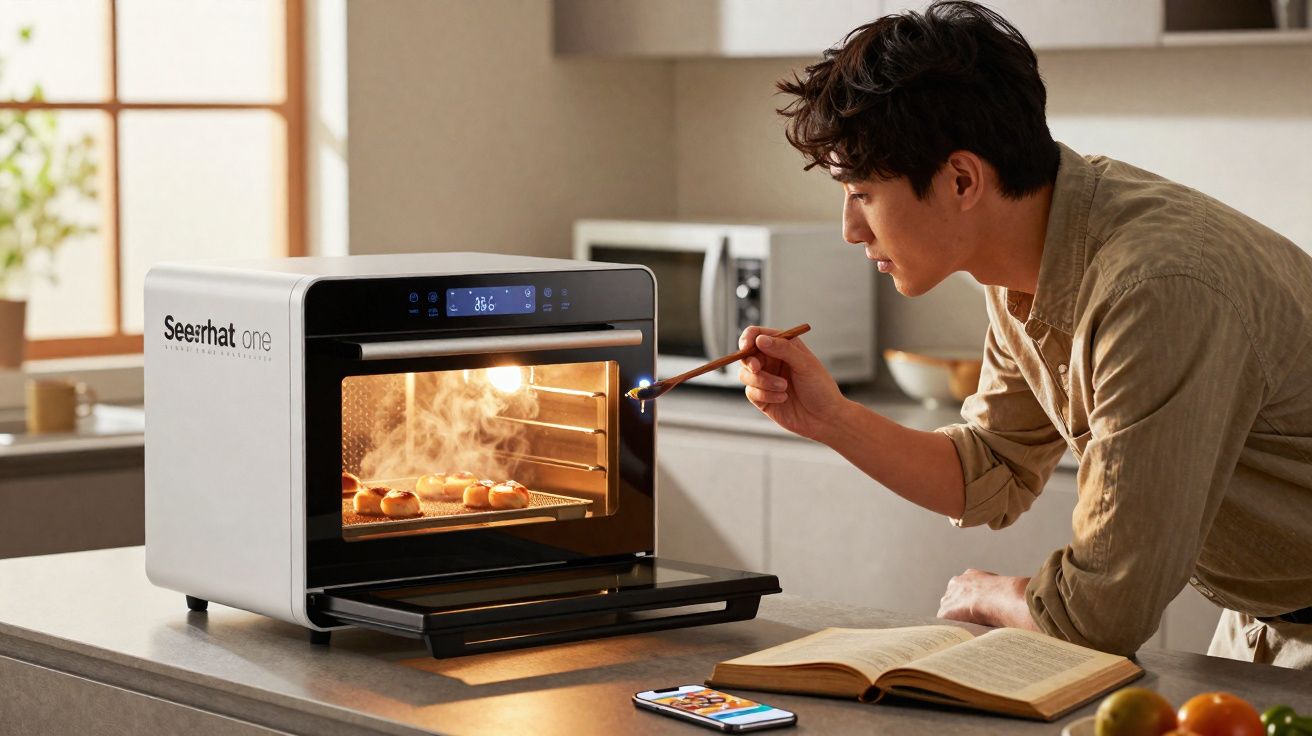 Homem observando pães assando em forno elétrico moderno em cozinha clara e organizada.