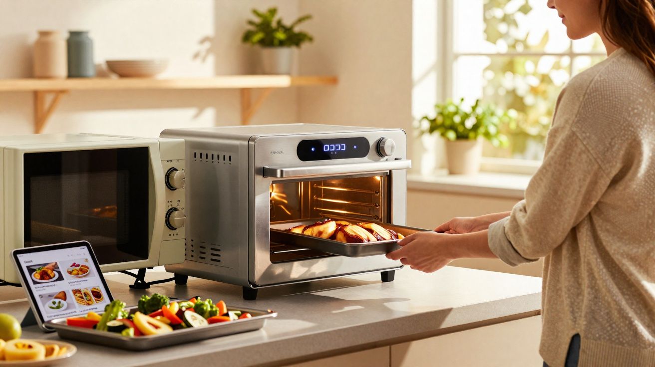 Mulher retirando assado dourado de forno elétrico moderno em cozinha iluminada com bancada de pedra.