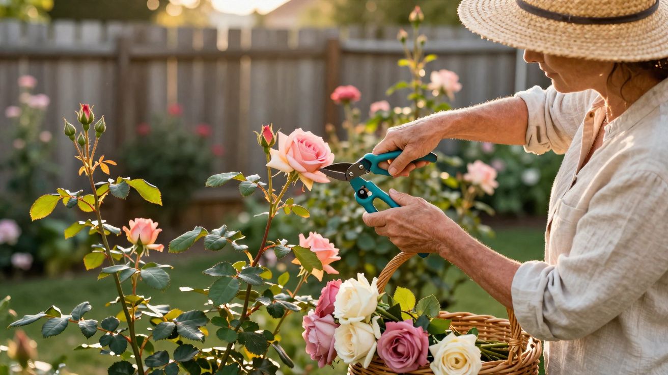 Pessoa com chapéu colhendo rosas cor-de-rosa em jardim ensolarado, segurando cesta com flores.