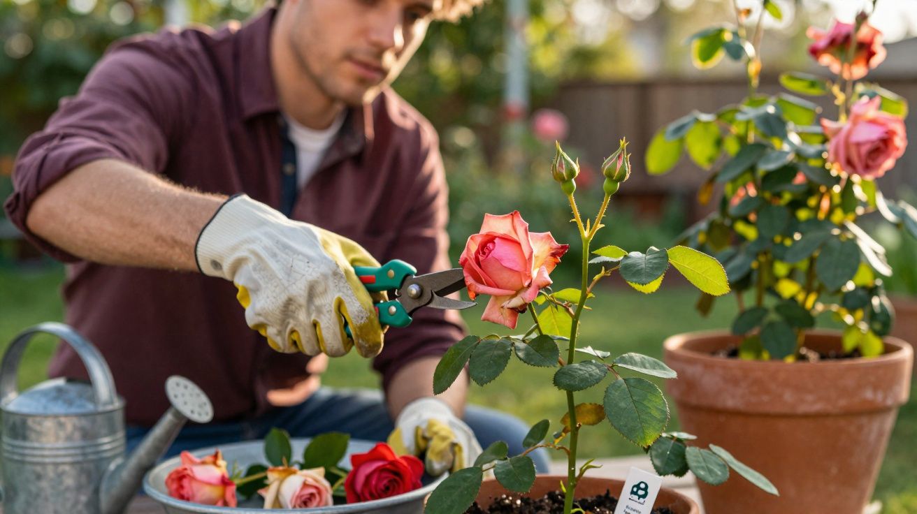 Homem podando rosa vermelha em vaso no jardim com regador ao lado em dia ensolarado.
