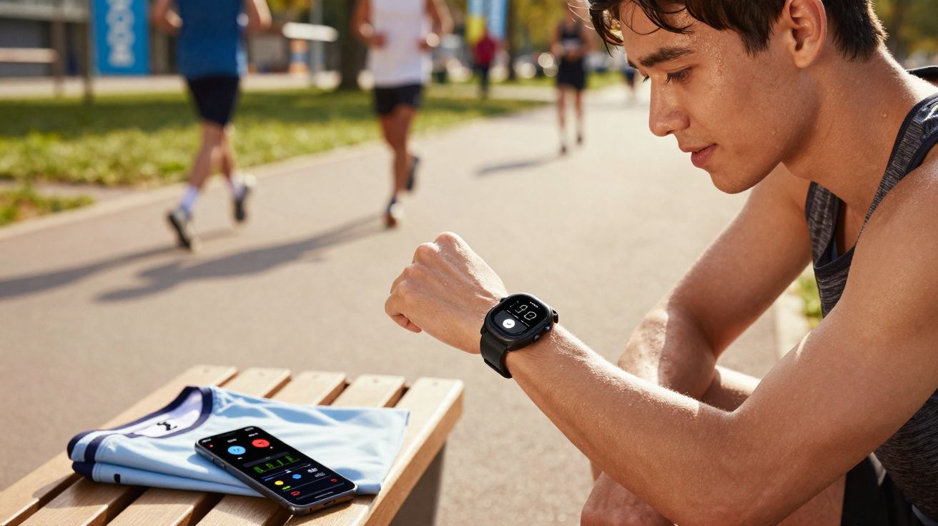 Homem olhando para relógio smartwatch enquanto descansa em banco próximo a pista de corrida.