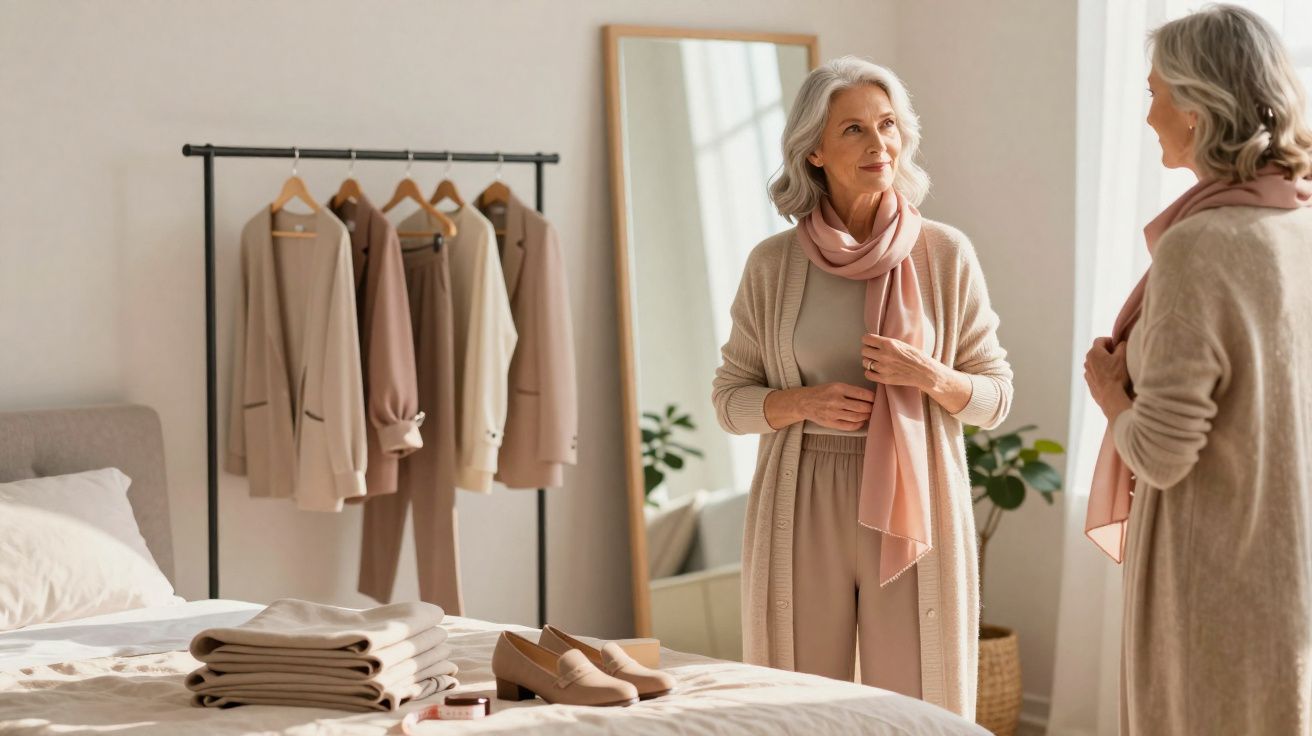 Mulher idosa com roupa bege e cachecol rosa, olhando para espelho em quarto com roupas neutras.