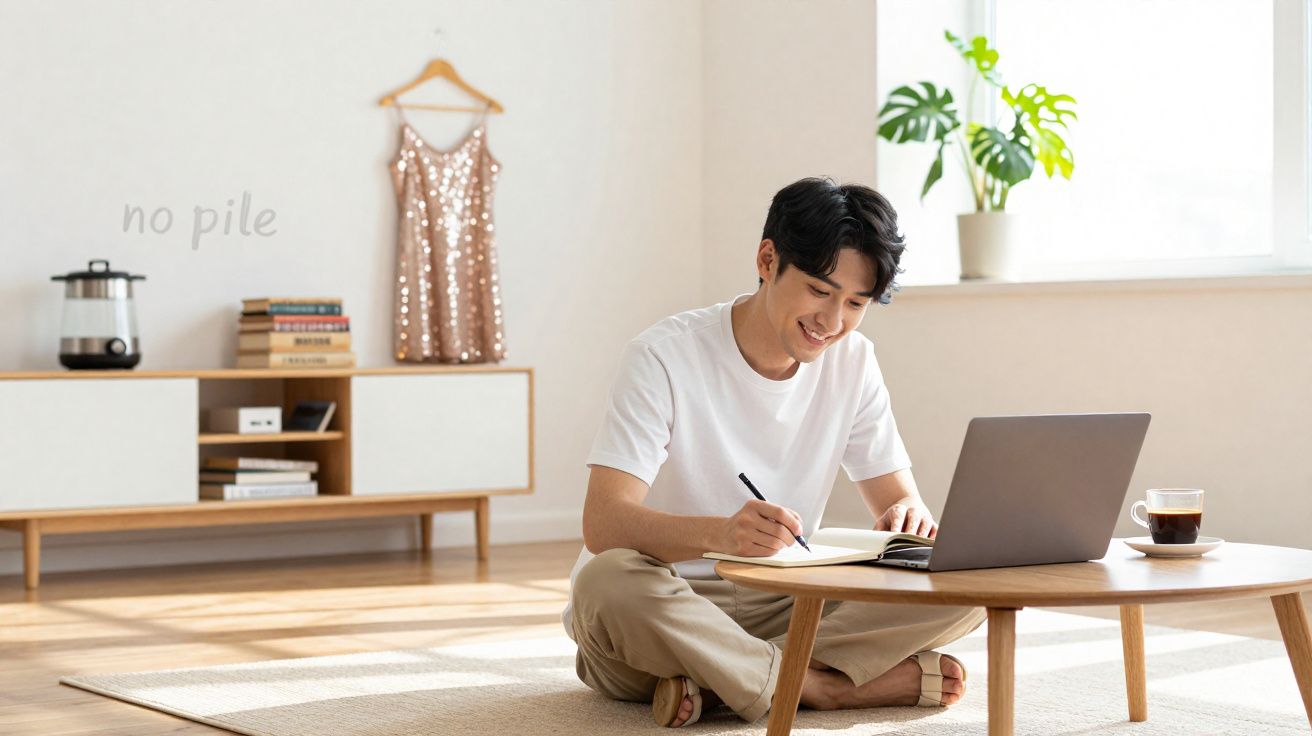 Homem sentado no chão em sala iluminada, escrevendo em caderno com laptop e xícara sobre mesa baixa.