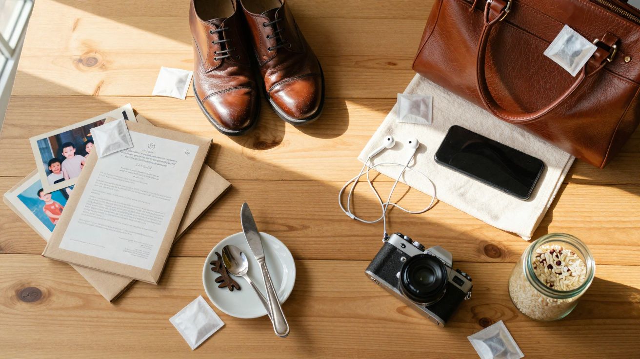 Mesa de madeira com sapatos, bolsa, documentos, fotos, prato, câmera, celular, fones e potes variados.