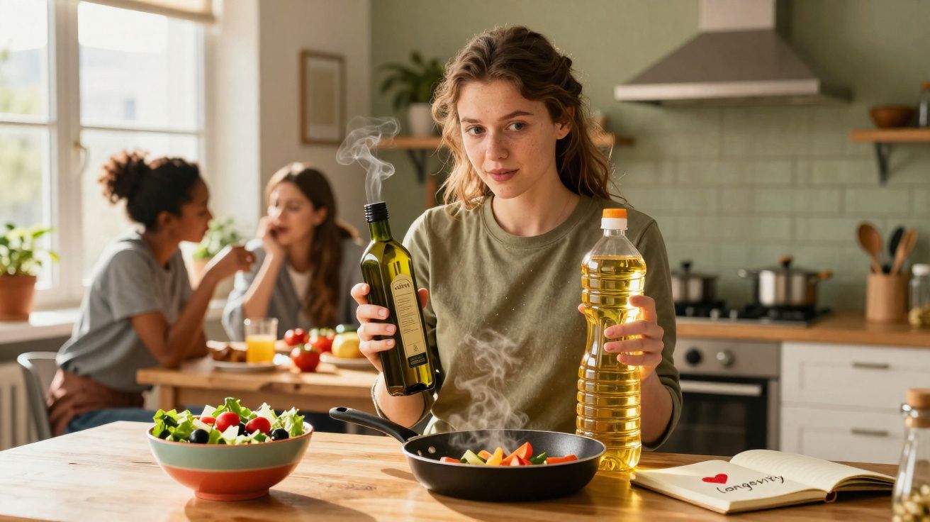 Mulher na cozinha segurando duas garrafas de óleo em frente à panela com legumes na mesa.