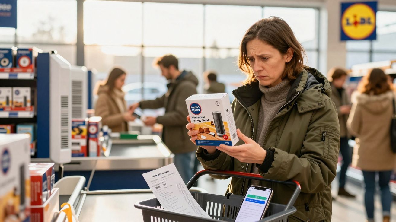 Mulher avalia produto na mão enquanto faz compras em supermercado Lidl, com carrinho e lista na loja.