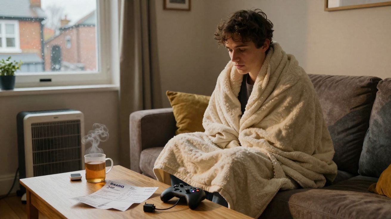 Jovem sentado no sofá coberto por um cobertor, com chá quente, controle de videogame e conta na mesa.