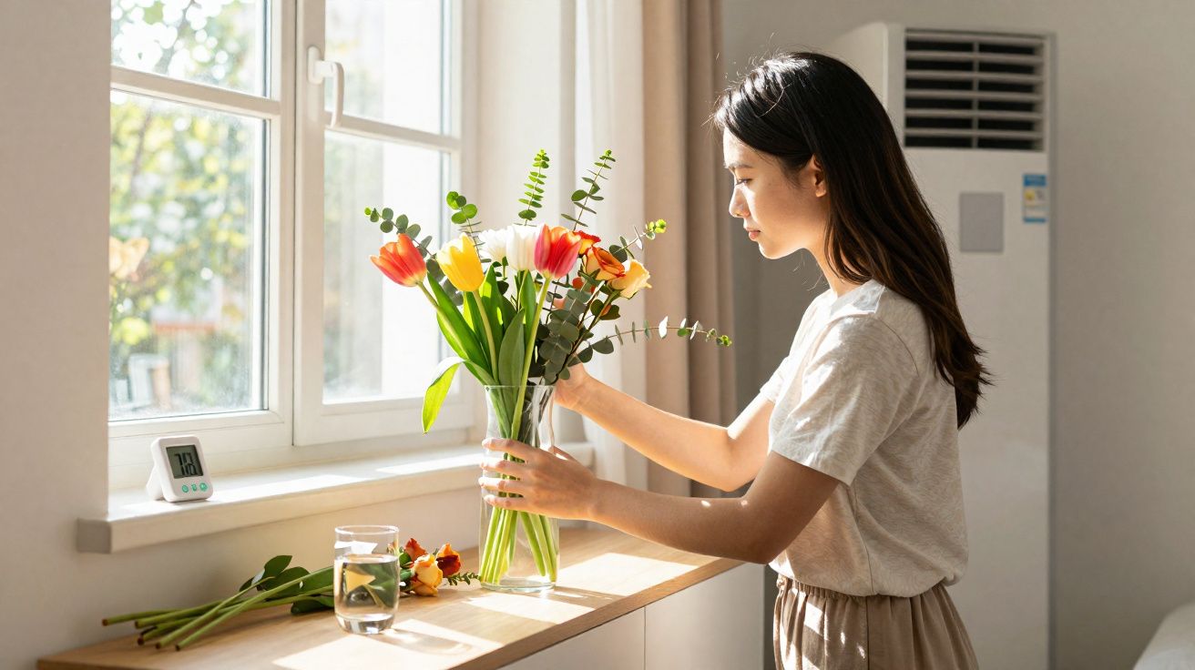 Mulher arrumando flores coloridas em vaso transparente junto à janela iluminada pelo sol.