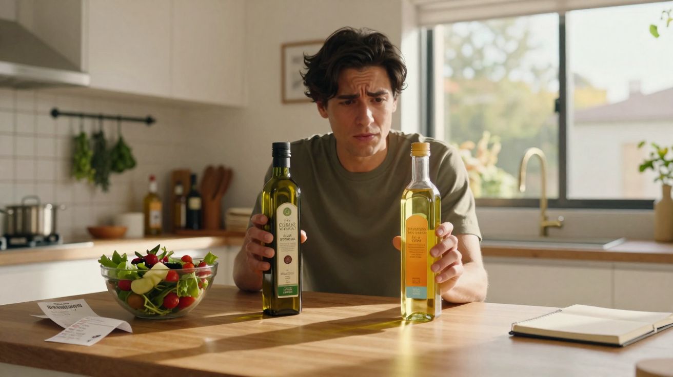 Homem pensativo compara rótulos de duas garrafas de azeite em mesa com salada e bloco de notas.