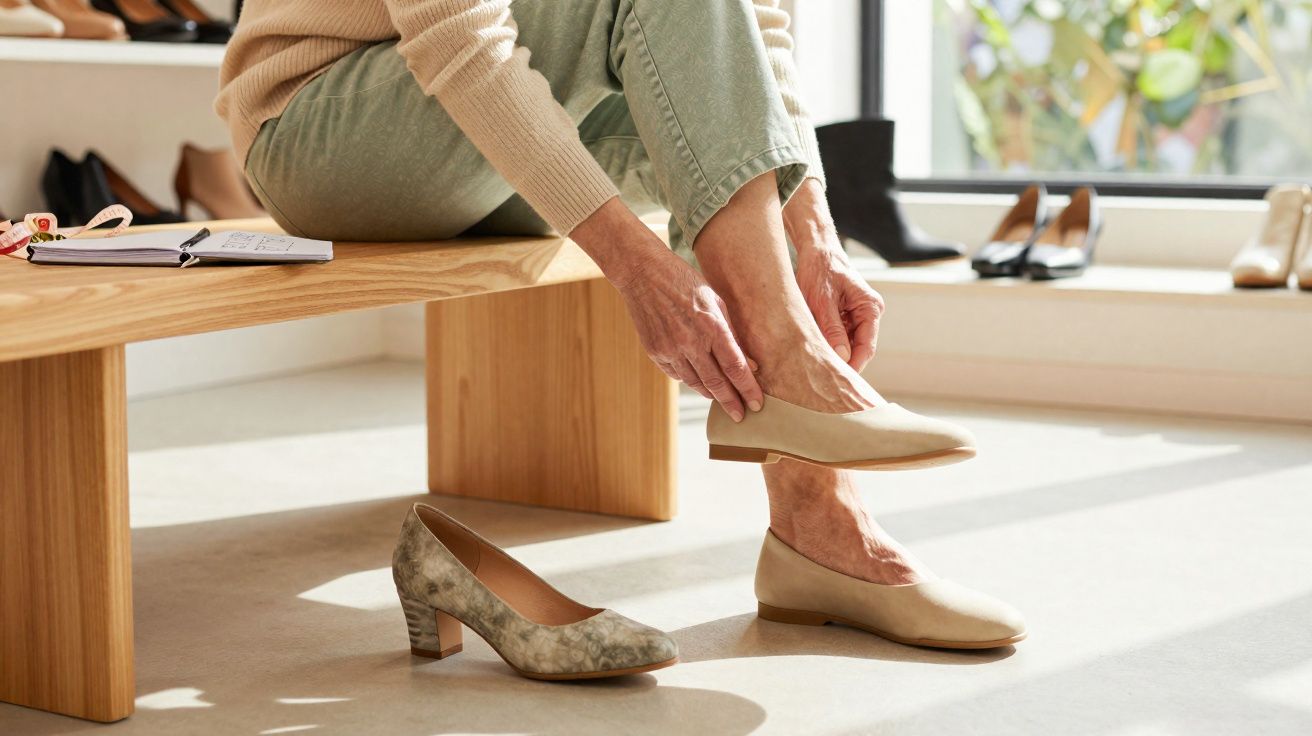 Pessoa sentada em banco de madeira experimentando sapato bege em loja de calçados com vários pares expostos.