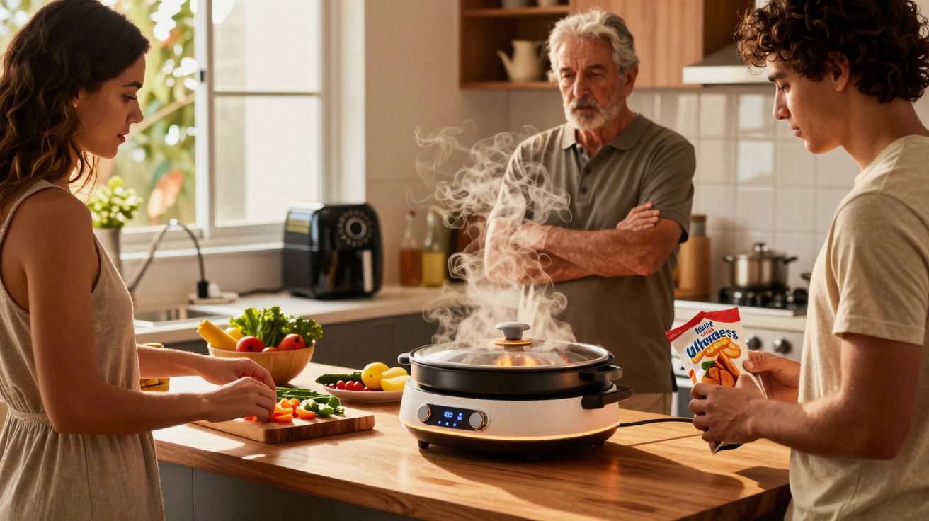 Família preparando comida na cozinha com panela elétrica no centro da bancada, vapor saindo da panela.