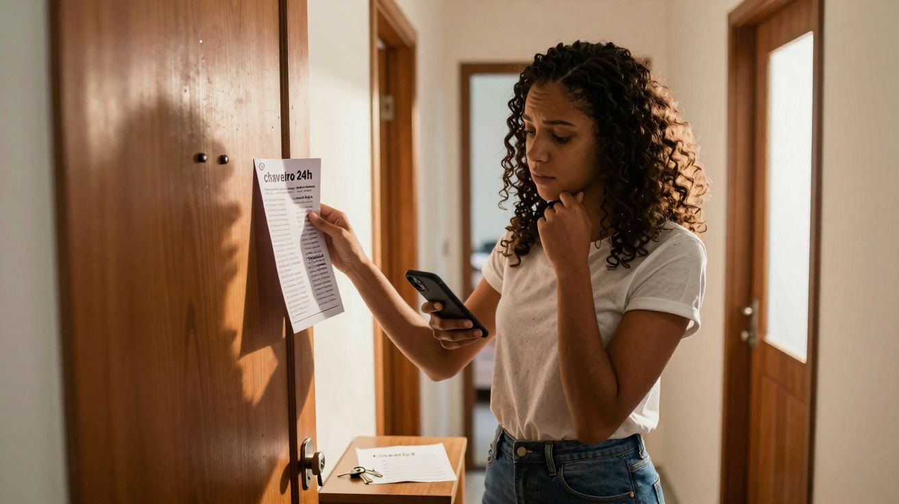 Mulher lendo aviso fixado em porta enquanto segura celular em corredor iluminado.
