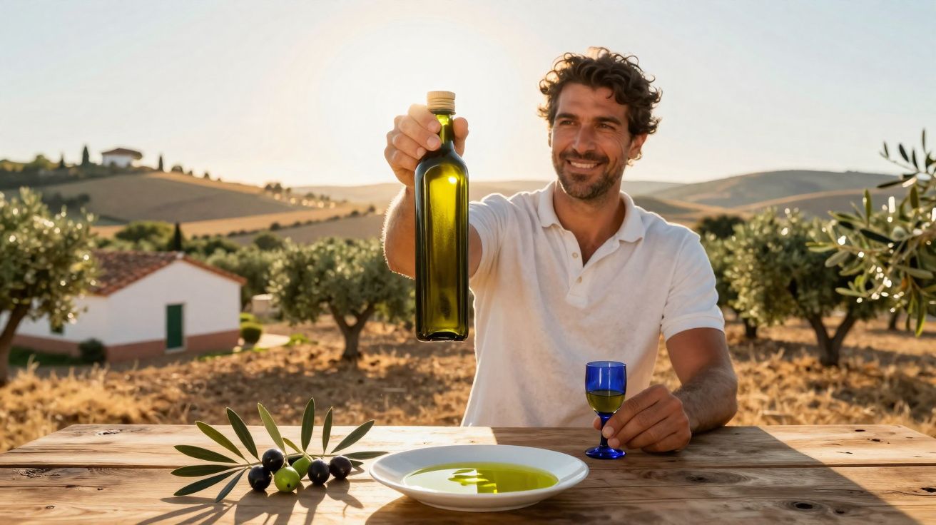Homem sorridente sentado à mesa rústica segurando garrafa de azeite com azeitonas e prato ao ar livre.