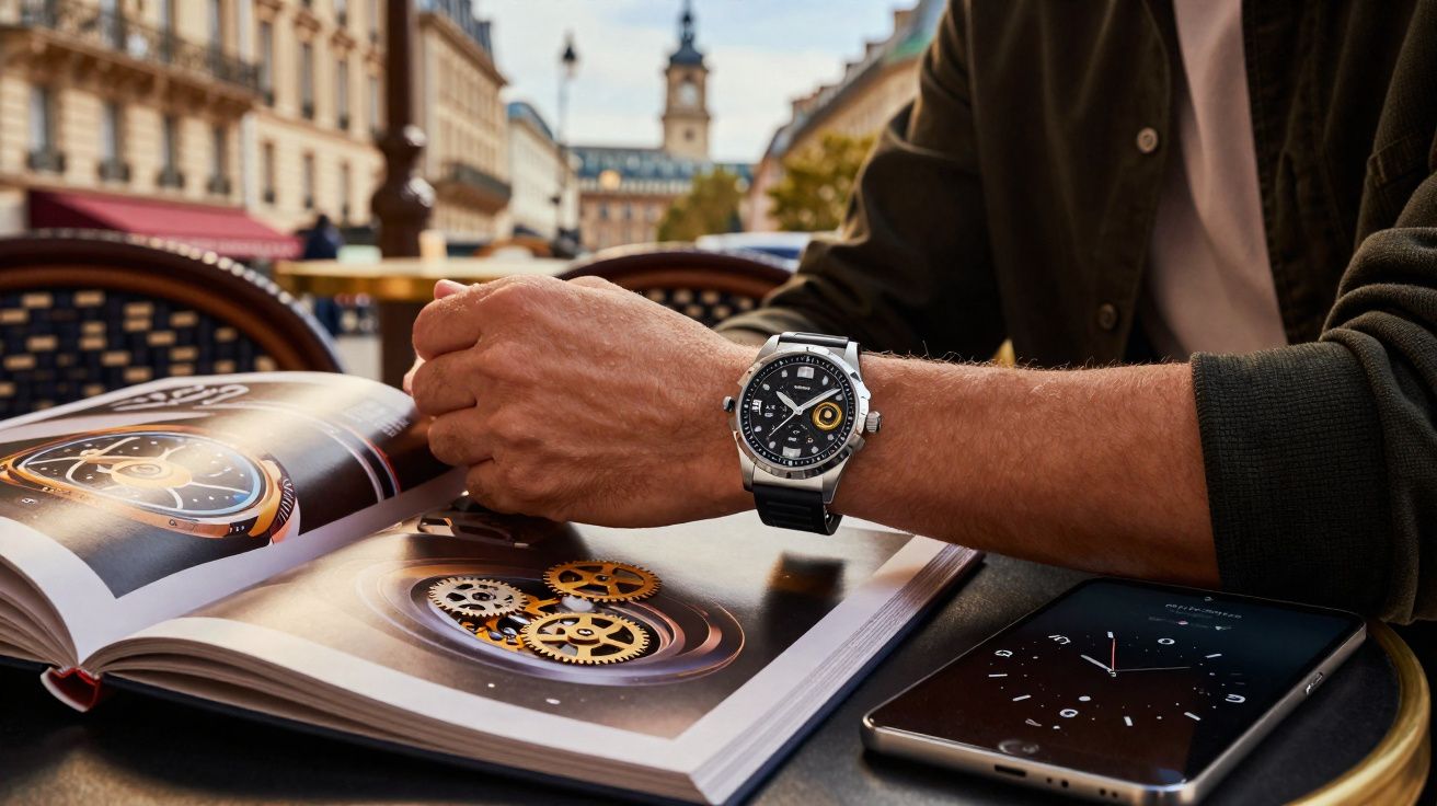 Pessoa lendo livro sobre relógios em café, com relógio de pulso e celular sobre a mesa.