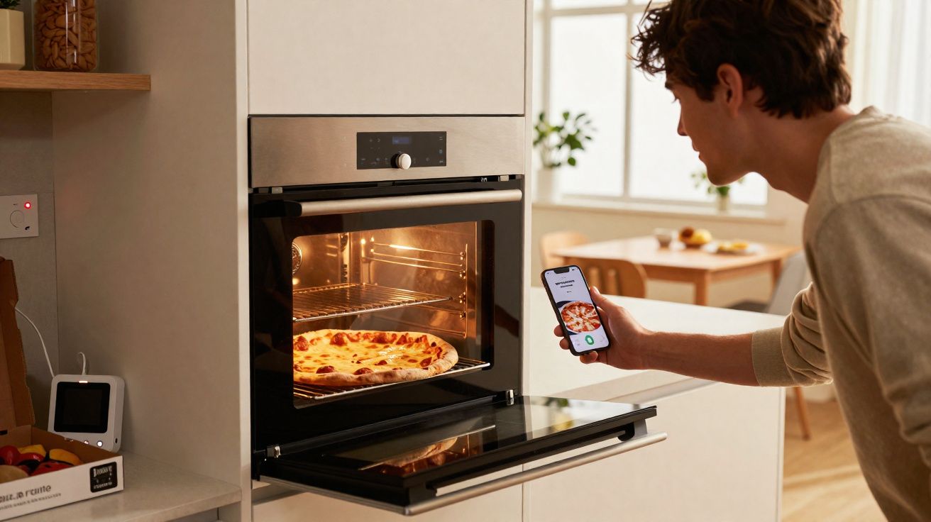 Jovem usando smartphone para monitorar pizza assando em forno embutido na cozinha moderna.