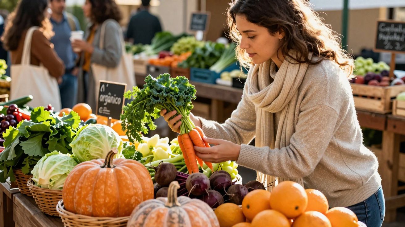 Mulher escolhe cenouras frescas em barraca de feira com abóboras, laranjas e vegetais variados.