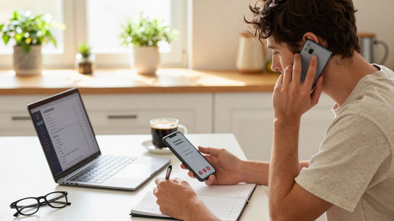 Homem trabalhando em mesa com laptop, celular, caderno e xícara de café em ambiente claro e com plantas.
