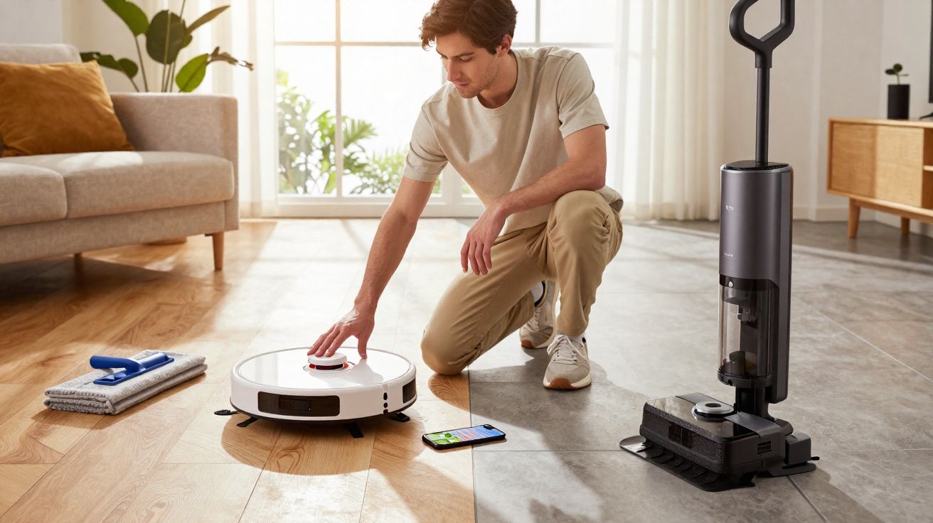 Homem operando aspirador robô branco em sala moderna com piso de madeira e cerâmica.