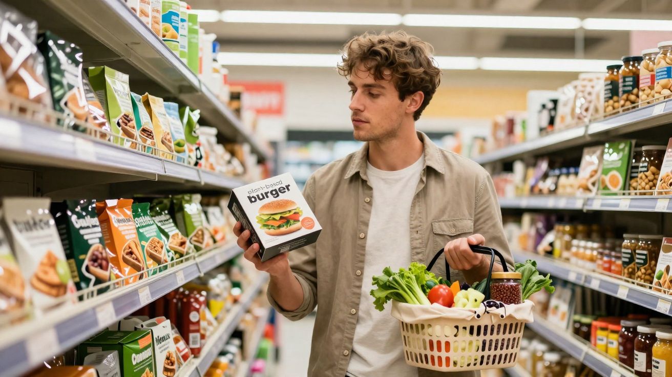 Homem jovem segurando hambúrguer vegetal e cesta com verduras no corredor de supermercado.