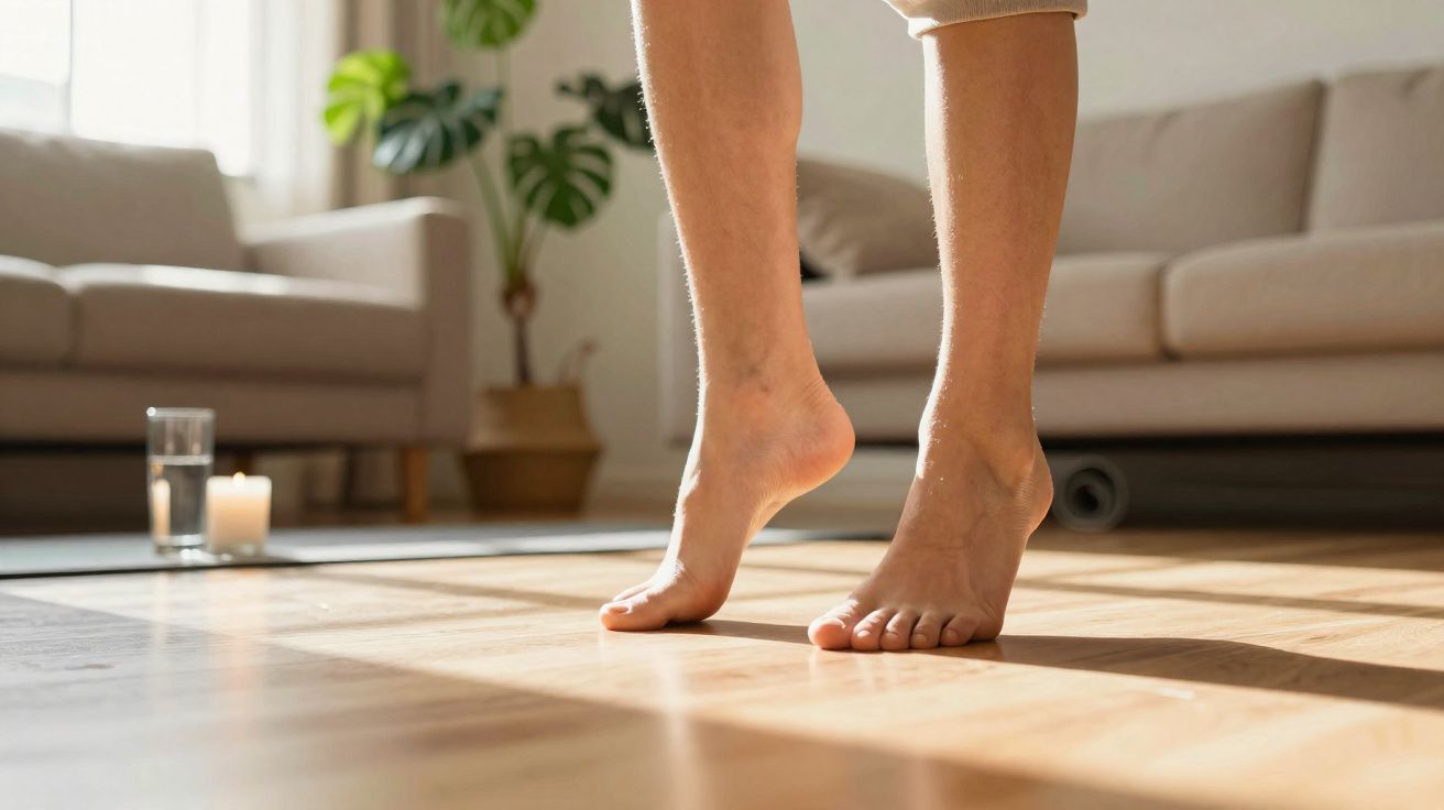 Pés descalços de pessoa em pontas, luz natural no chão de madeira, sala com sofá e planta ao fundo.