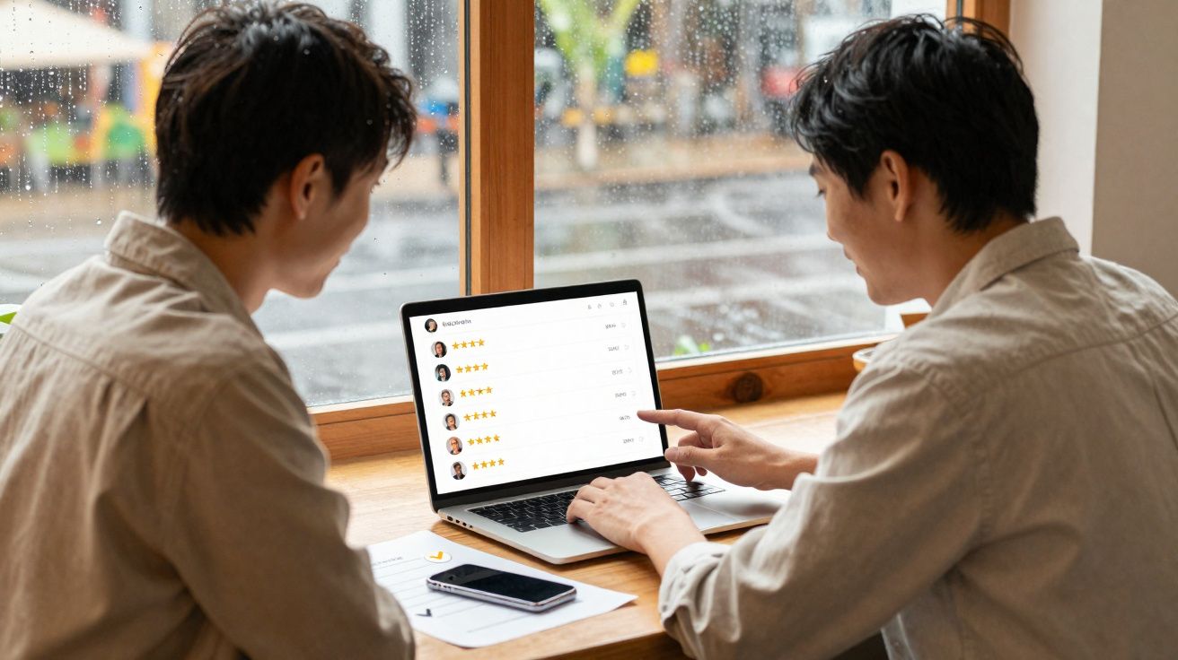 Duas pessoas analisando avaliações em um laptop perto da janela em dia chuvoso.