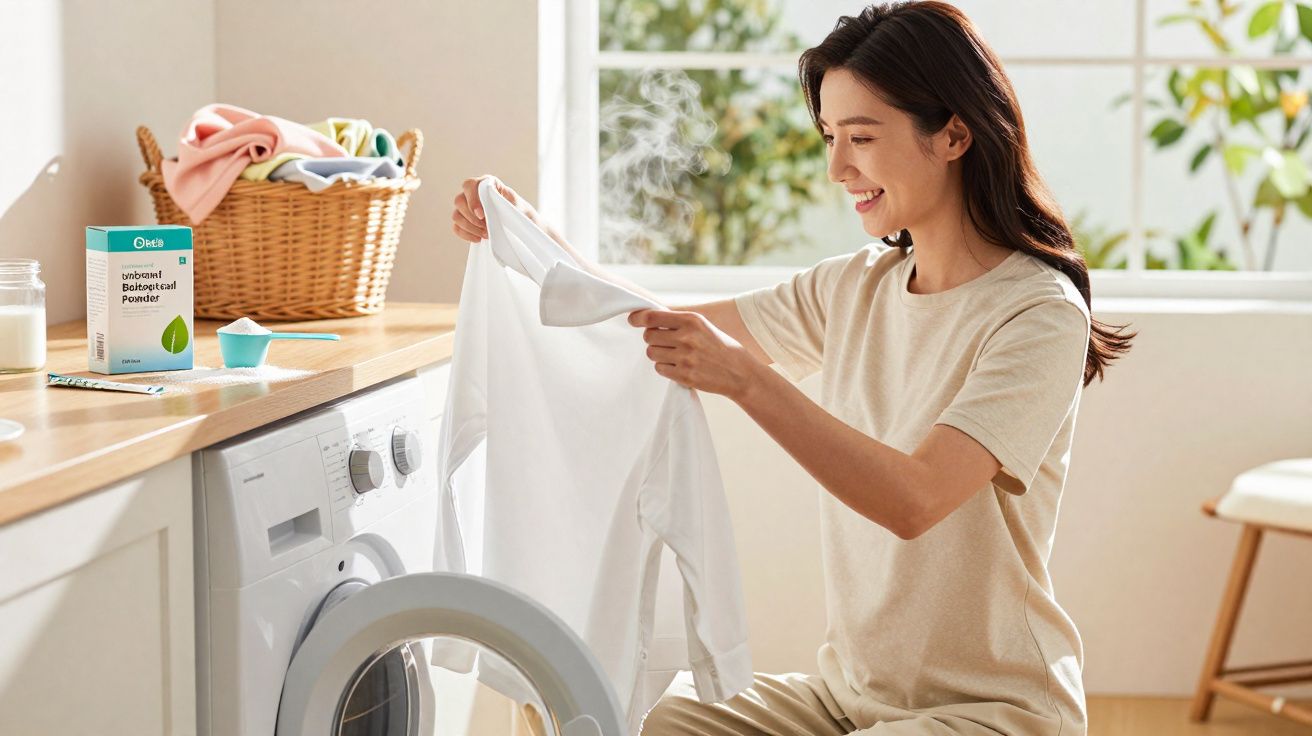 Mulher sorridente retirando roupa branca quente da máquina de lavar em lavanderia iluminada.