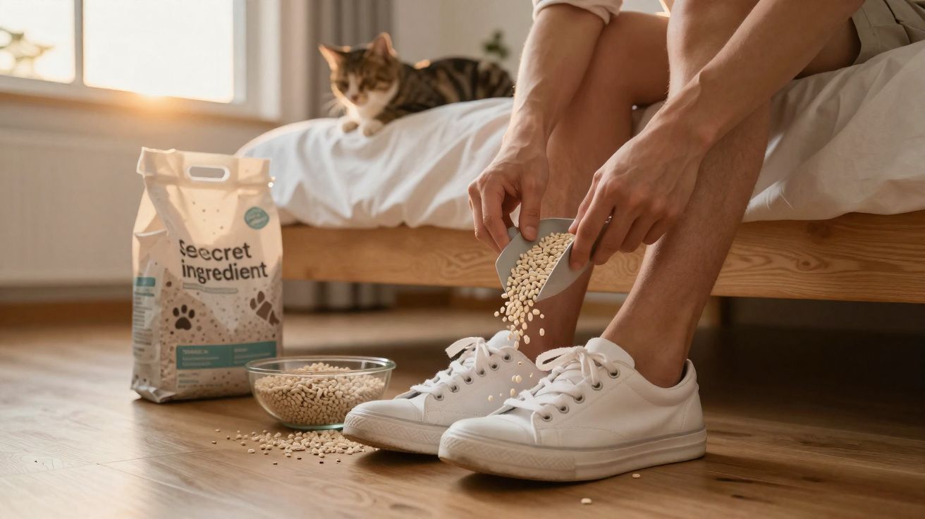 Pessoa derramando ração em tênis branco no chão, com saco de ração e gato no fundo sobre a cama.