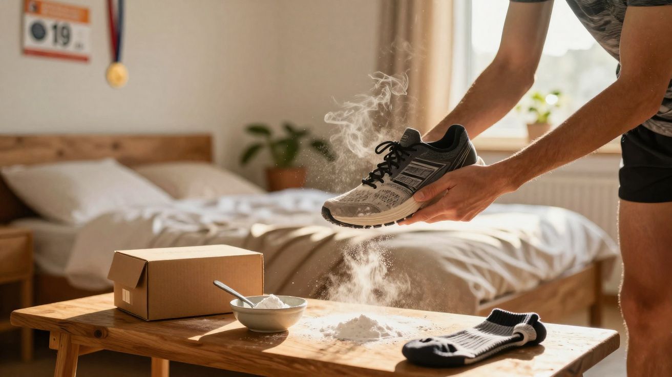 Pessoa polvilhando pó branco no tênis em uma mesa próxima à cama em quarto iluminado.
