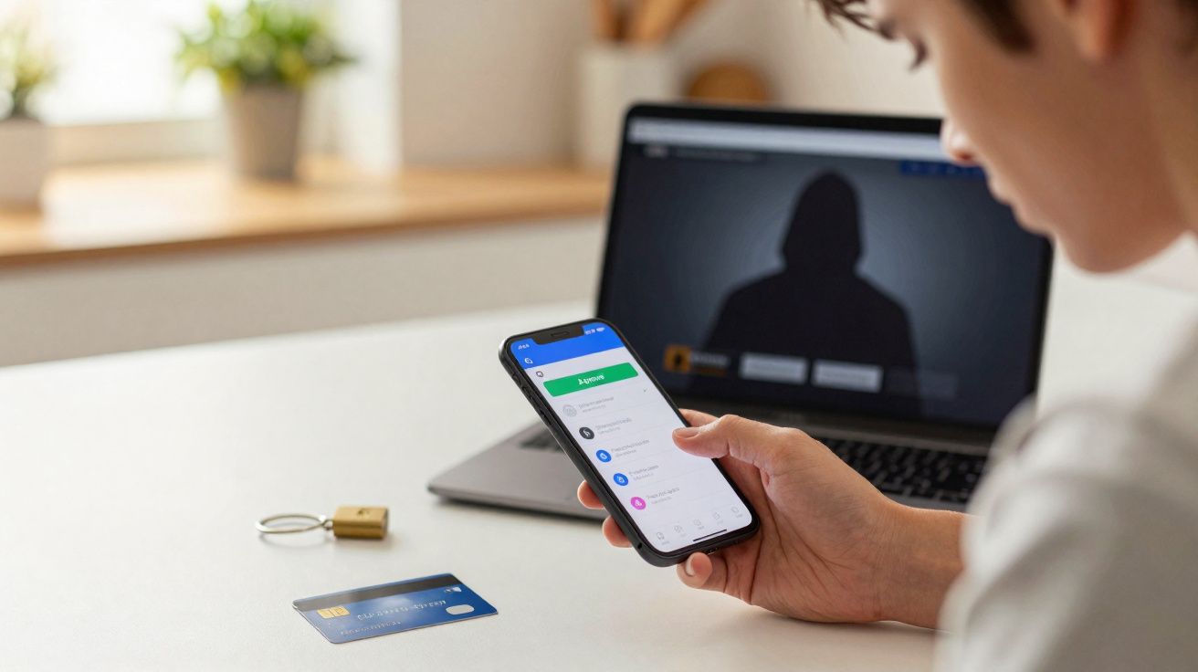 Pessoa segurando smartphone com aplicativo aberto, cartão de crédito e laptop com imagem de hacker ao fundo.