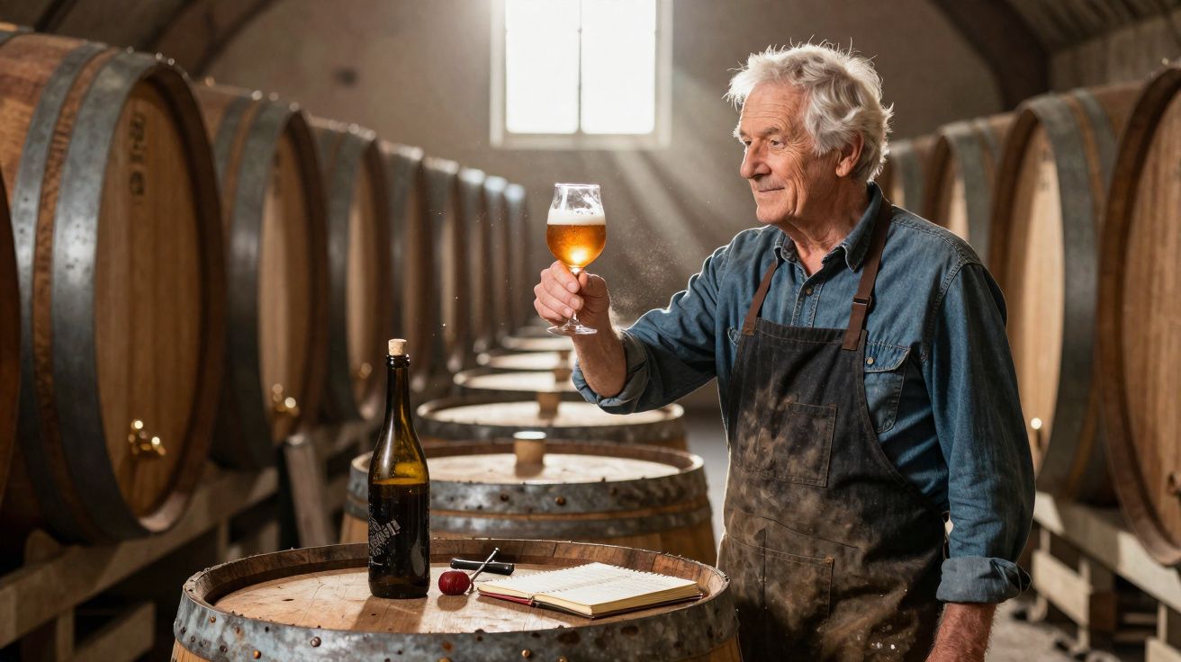 Homem idoso em adega segurando taça de cerveja artesanal, com barris e garrafa ao fundo.