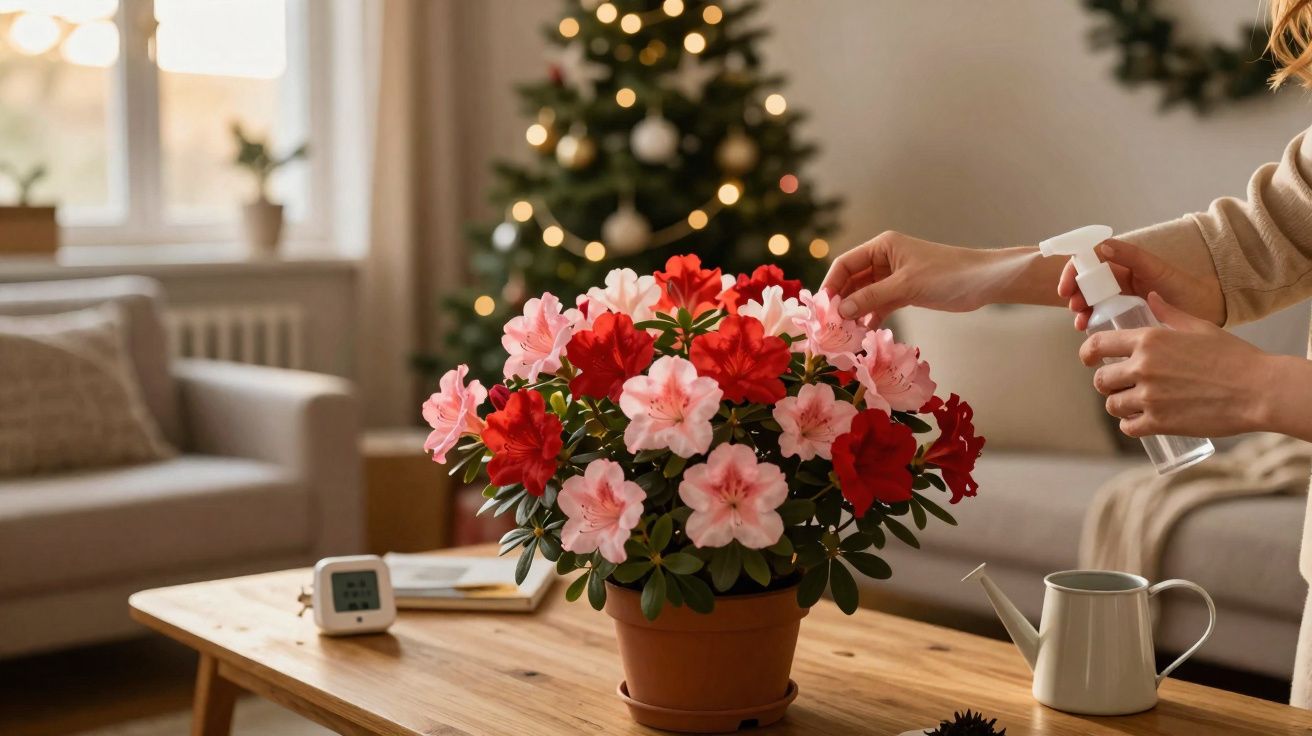 Pessoa cuidando de azaleias vermelhas e rosas em vaso sobre mesa de madeira na sala decorada.