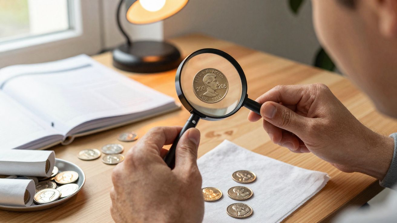 Pessoa examinando moeda com lupa em mesa com outras moedas, livro aberto e luminária ligada.