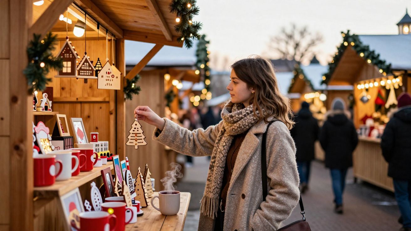 Mulher vestindo casaco e cachecol compra enfeite de Natal em feira ao ar livre durante o dia.