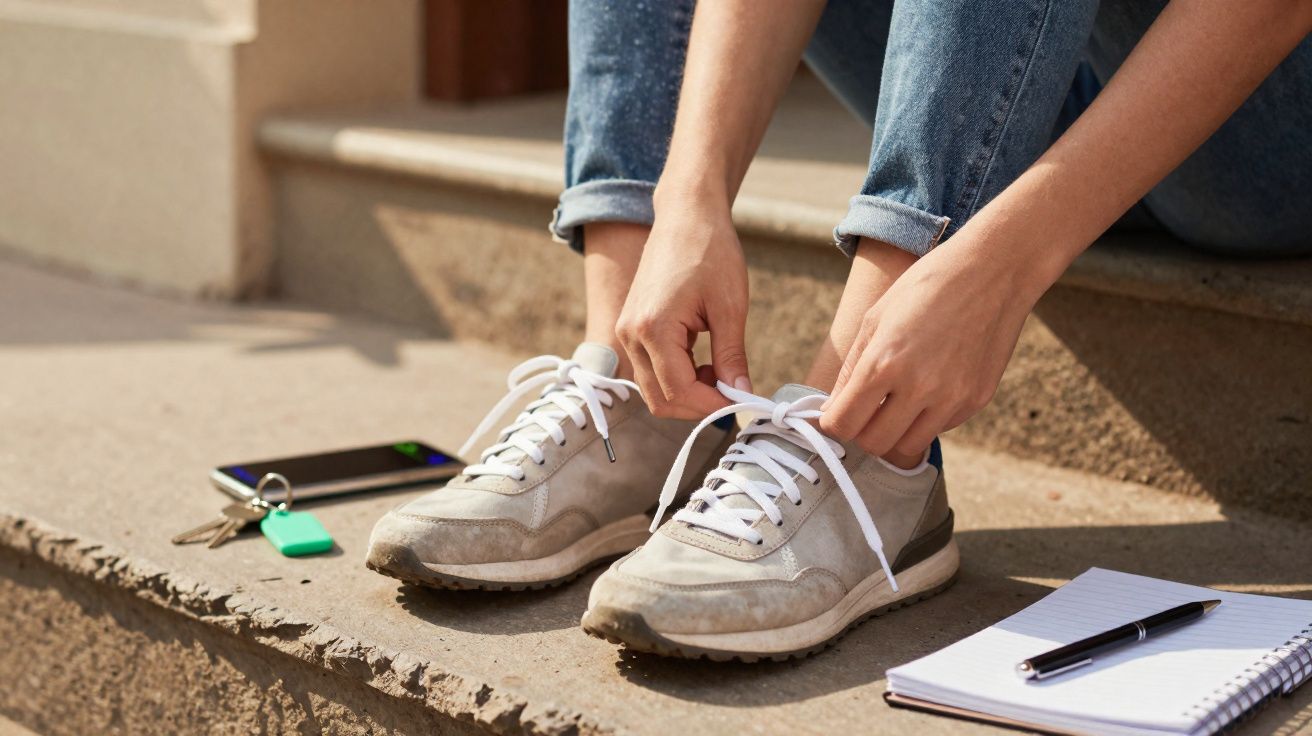 Pessoa amarrando tênis branco sentada em degrau com caderno, caneta, celular e chaves ao lado.