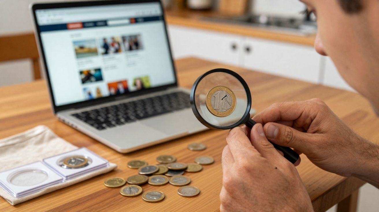 Pessoa segurando lupa para observar moeda de um real com moedas e notebook ao fundo sobre mesa de madeira.