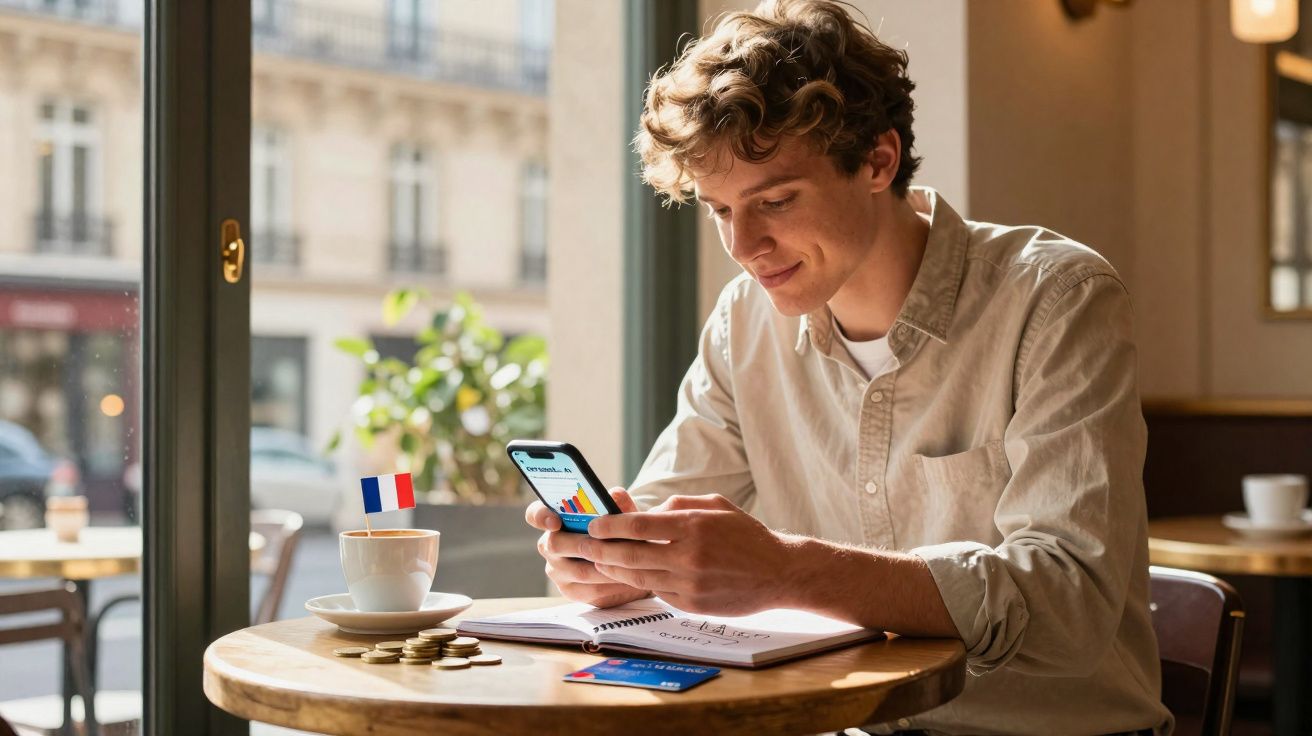 Homem jovem sentado em cafeteria usando celular, com caderno, moedas e xícara com bandeira da França na mesa.