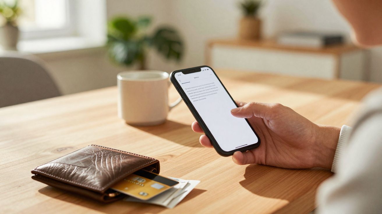 Pessoa segurando celular com texto na tela, carteira com cartões e caneca sobre mesa de madeira clara.