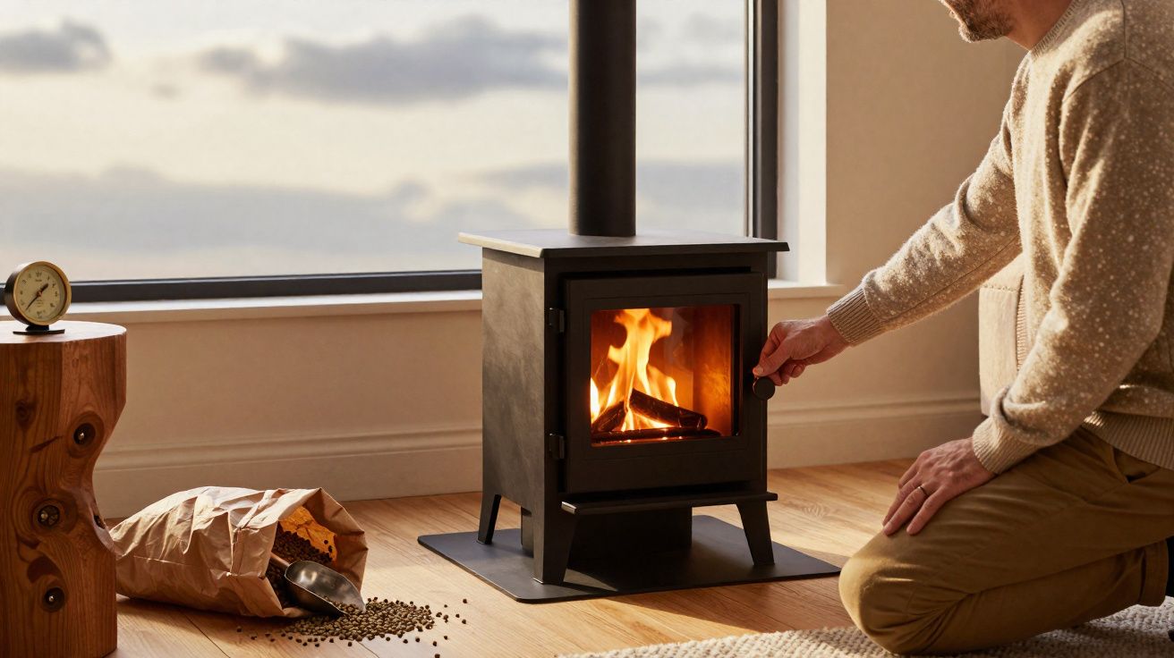 Homem acendendo fogo em lareira a lenha em ambiente interno próximo a janela grande.